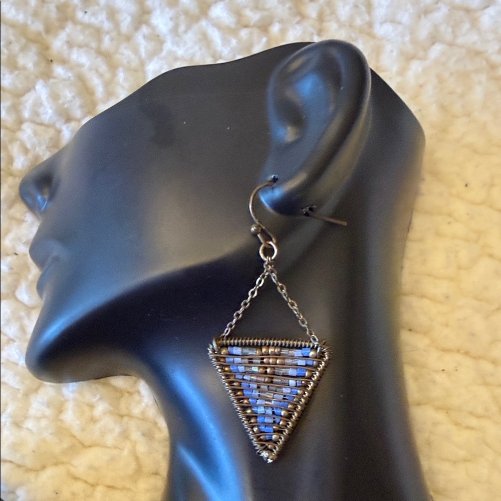 Handcrafted Blue Beaded Triangle Drop Earrings - Women Jewelry